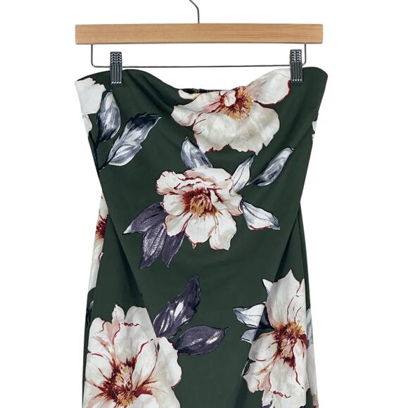 Haute Monde Strapless Flounce Hem Dress Womens L Green Floral Ruffle Tropical - Picture 2 of 6